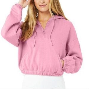 Alo Yoga Stadium Half-Zip Hooded Sweatshirt in Pink SMALL